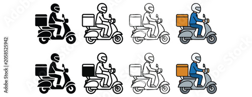  delivery person riding a scooter with a cargo box on the back depicted in various styles including solid