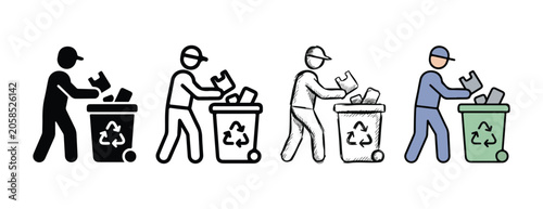 person depositing waste into a recycling bin featuring different visual styles from solid silhouettes