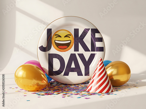 A plate with joke day text surrounded by colorful balloons and confetti on a beige surface with a party hat