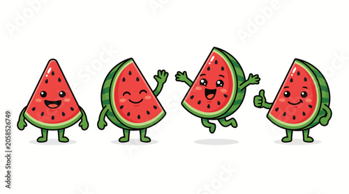 Happy watermelon slice characters in various cheerful poses