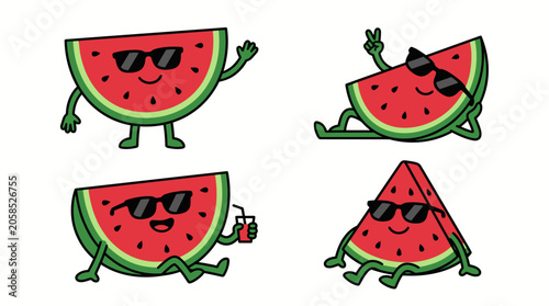 Cartoon watermelon slices wearing sunglasses in fun summer poses