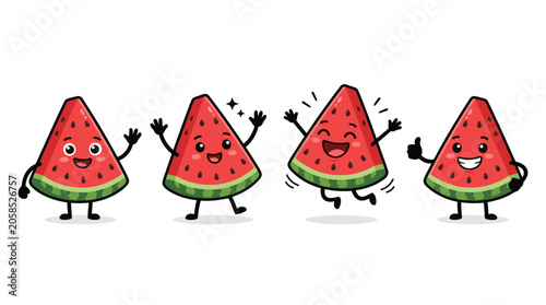Happy watermelon mascot characters set with various cheerful poses