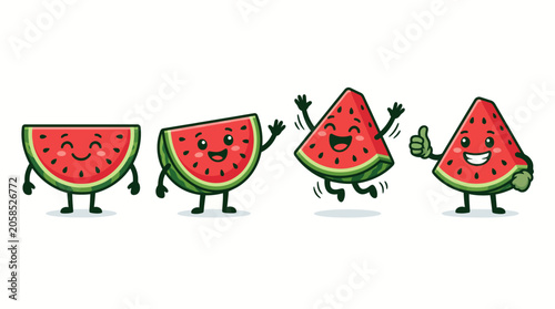 Happy watermelon slice cartoon characters with various expressions