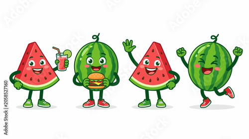 Happy watermelon mascot characters eating burger and drinking juice