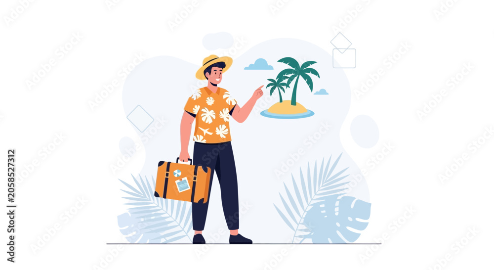 Obraz premium Man in Hawaiian shirt with suitcase points to tropical island, symbolizing vacation and travel dreams