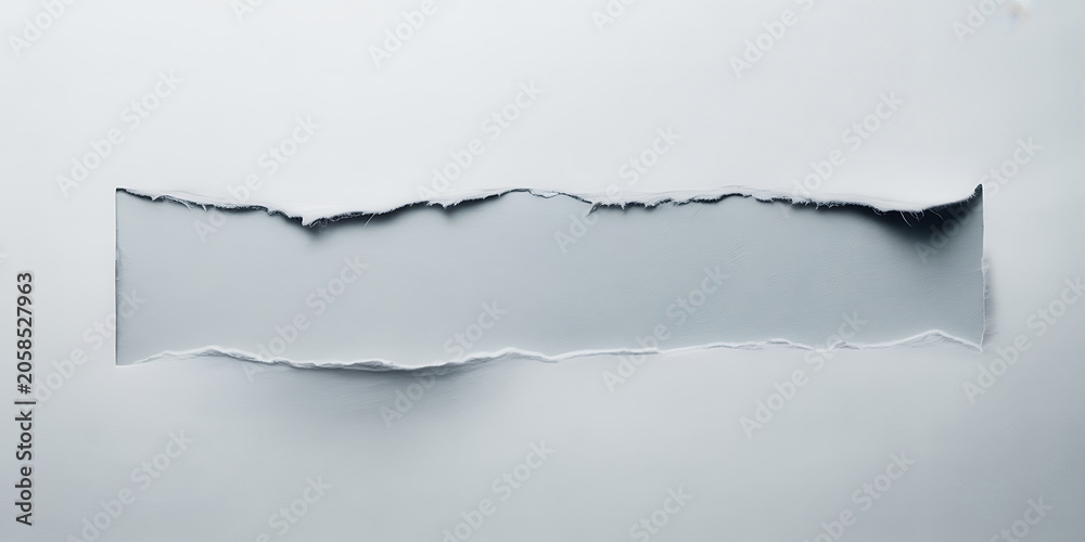 Fototapeta premium Torn paper with a ripped rectangular hole in a white background for notes or messages