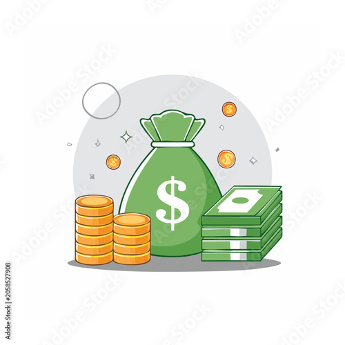 Cartoon money bag with coins and cash