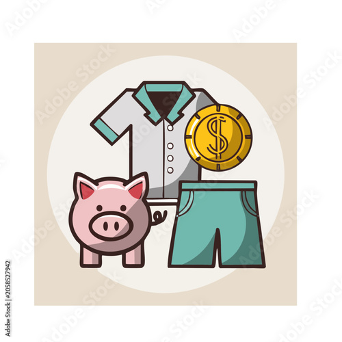 Cartoon piggy bank with clothes and coin