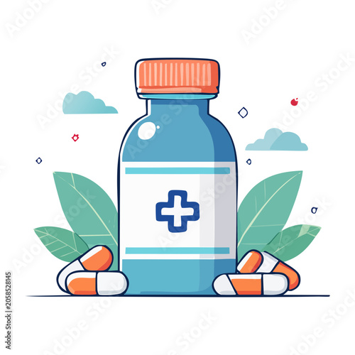 Flat design illustration of medicine bottle with capsules and leaves