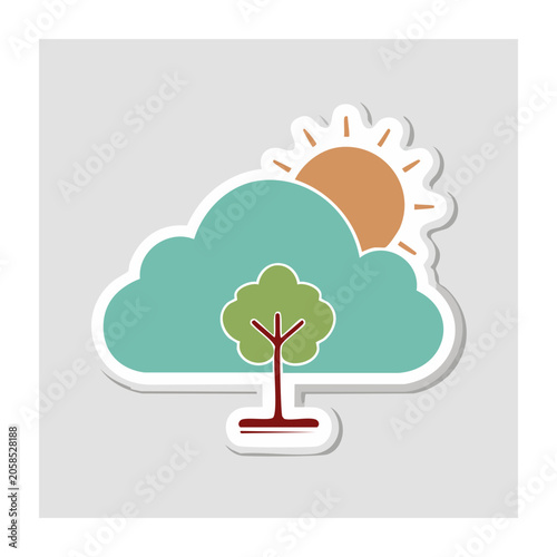 Flat design illustration of tree, cloud, and sun