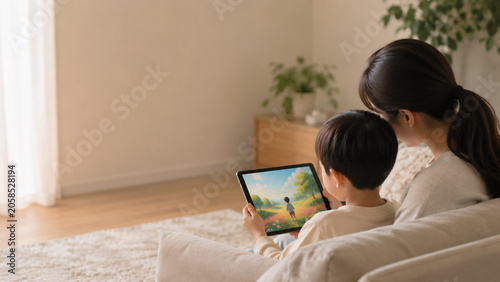 Tapety artystyczne 태블릿으로 디지털 그림을 함께 보는 부모와 아이 AI 창작 교육 장면