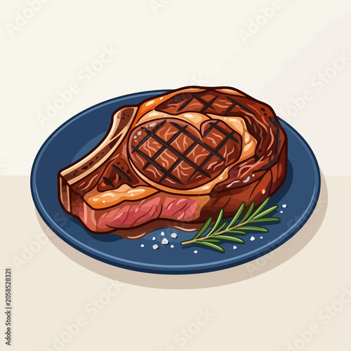 A grilled beef steak served on a blue ceramic dinner plate