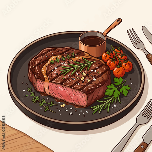 A grilled beef steak served on a plate with fresh vegetables