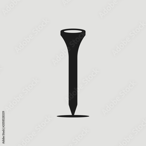 A simple black silhouette of a golf tee on gray background