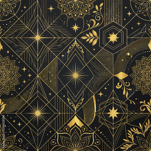 Golden celestial patterns on a dark background with starry elements