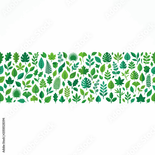A seamless horizontal pattern of various green forest leaves