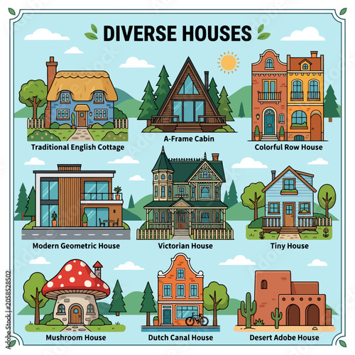 A collection of diverse architectural house styles from around the world