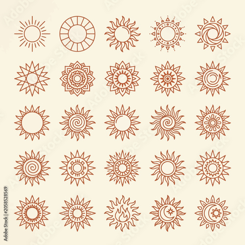 Collection of stylized sun and celestial body illustrations