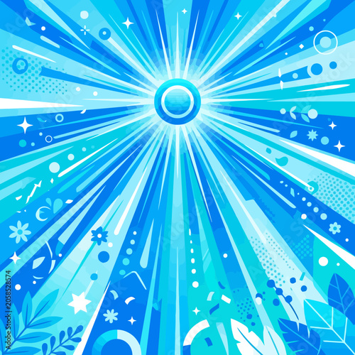 Radiant blue light bursts from a central glowing orb