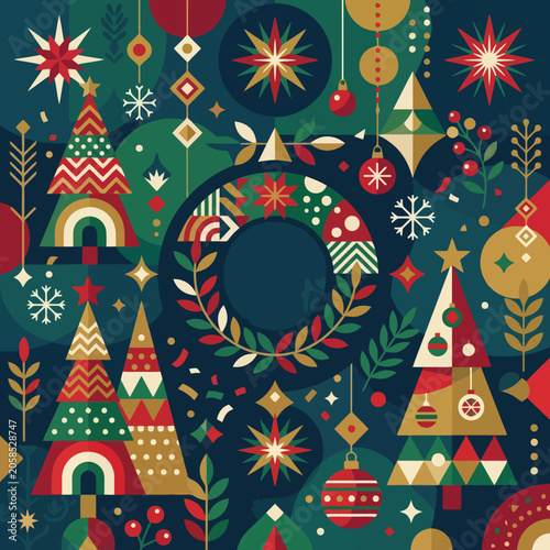Festive geometric pattern with holiday trees and ornaments