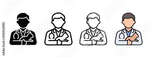 Icon set representing a veterinarian holding a cat in various illustration styles including solid silhouette outline sketch and flat design isolated on transparent background for easy integration