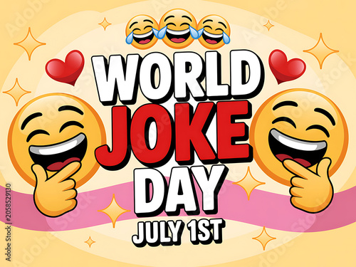World joke day illustration with laughing emojis and text on yellow background