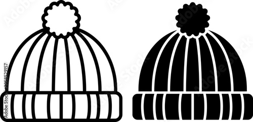 Quadro su tela Two black and white knit beanie hats with pom poms on transparent background