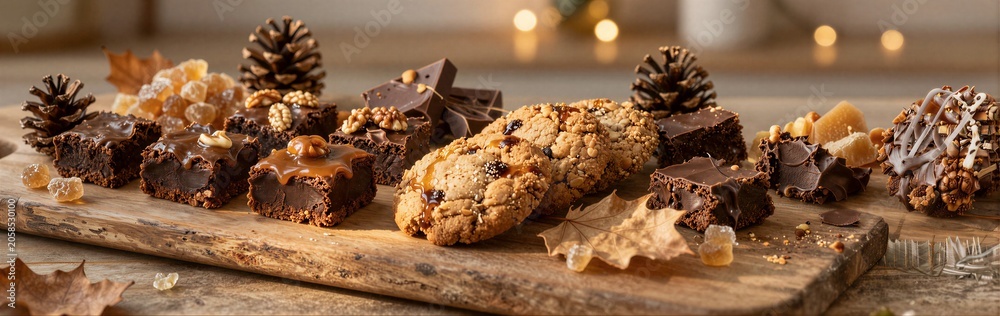 Fototapeta premium Assorted brownies cookies and chocolate on wooden board