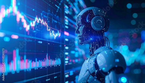 Artificial intelligence analyzing global financial markets with glowing stock charts