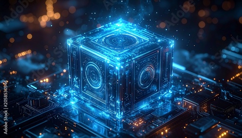 Futuristic quantum computer core cube on glowing circuit board background