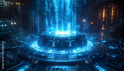 Futuristic teleportation portal platform with blue glowing energy light
