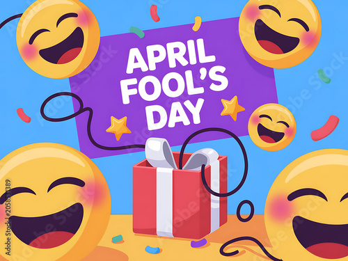 Colorful april fools day celebration with laughing emojis and gift box on blue background with confetti