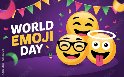 World emoji day celebration with smiling face emojis and colorful decorations on purple background