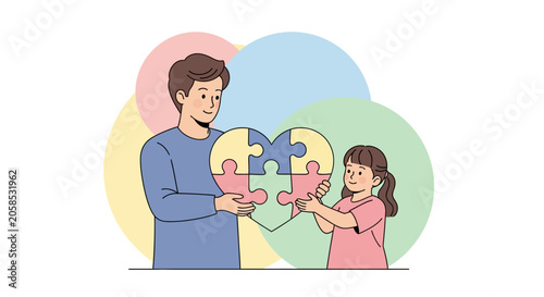 Father and Daughter Connecting Jigsaw Puzzle Pieces in Heart Shape Adoption and Family Love Concept