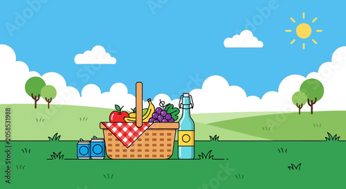Summer picnic basket with fruits and drinks on green field under blue sky vector illustration