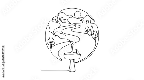 Continuous Line Art Nature Landscape Circle, River Flowing into Basin, Mountains, Trees, Sun
