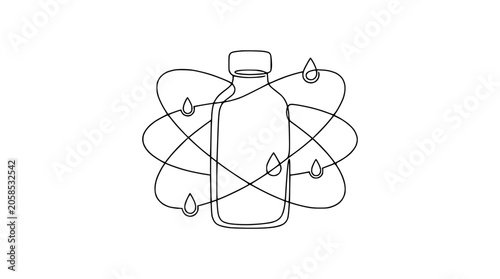 Minimalist Bottle with Orbiting Drops and Swirls - Science, Health, Purity Concept