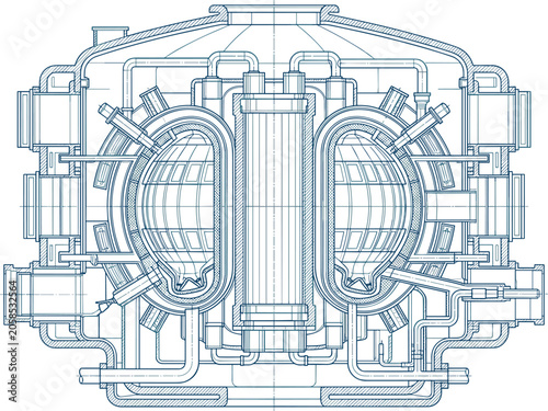 Fusion Reactor Core Blueprint Vector Illustration with Tokamak Energy System, Nuclear Engineering Architecture and Advanced Clean Power Technology Concept