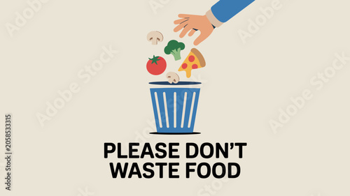 Illustration of person throwing fresh vegetables and fruits into trash bin with anti food waste message