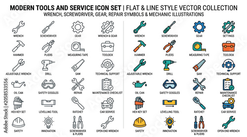 Tools & Service Icons Set – Wrench, Screwdriver, Gear & Repair Vector Collection