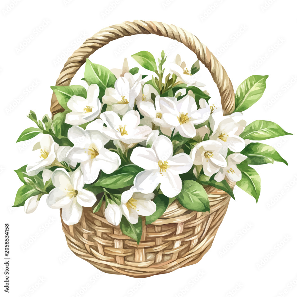 Obraz premium White Jasmine Flower Basket, artistic watercolor illustration vector, isolated on a white background.