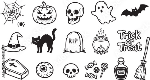 Schilderij op canvas Halloween icons, black and white, 16 vector symbols isolated on Transparent Back