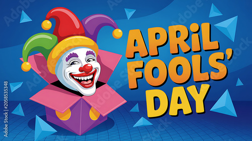 A colorful clown emerging from a box on april fools day with a joyful expression on a blue background with triangles