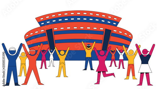 People celebrating in front of a large ship illustration