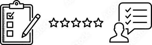 Customer feedback vector line icon set featuring five stars rating checklist survey form clipboard pen and user testimonial bubble.