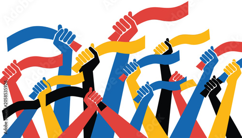 Abstract illustration of raised fists holding colorful ribbons