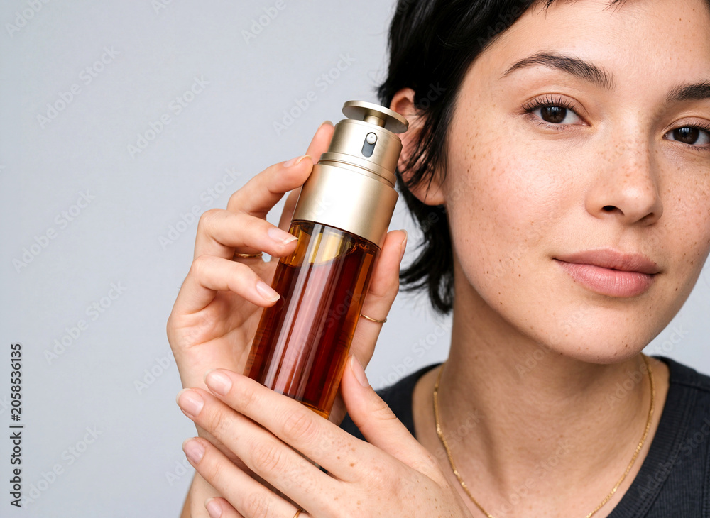 Fototapeta premium Close-up portrait of a naturally beautiful woman with freckles holding an elegant amber cosmetic serum bottle next to her flawless skin.