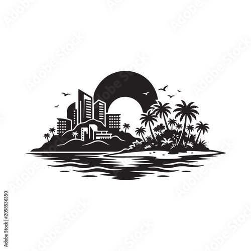 Black silhouette of a tropical island with palm trees, city buildings, and a large sun, isolated on a white background, for travel