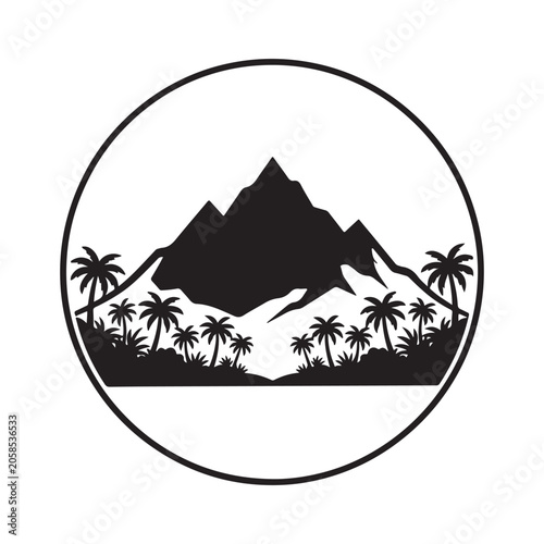 Circular emblem featuring a detailed mountain range silhouette with multiple palm trees and tropical foliage on a plain white background