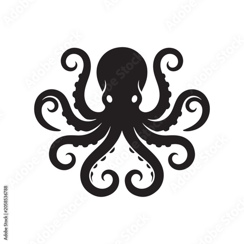 Detailed black silhouette of an octopus with curled tentacles, isolated on a white background, for marine life, and ocean themed